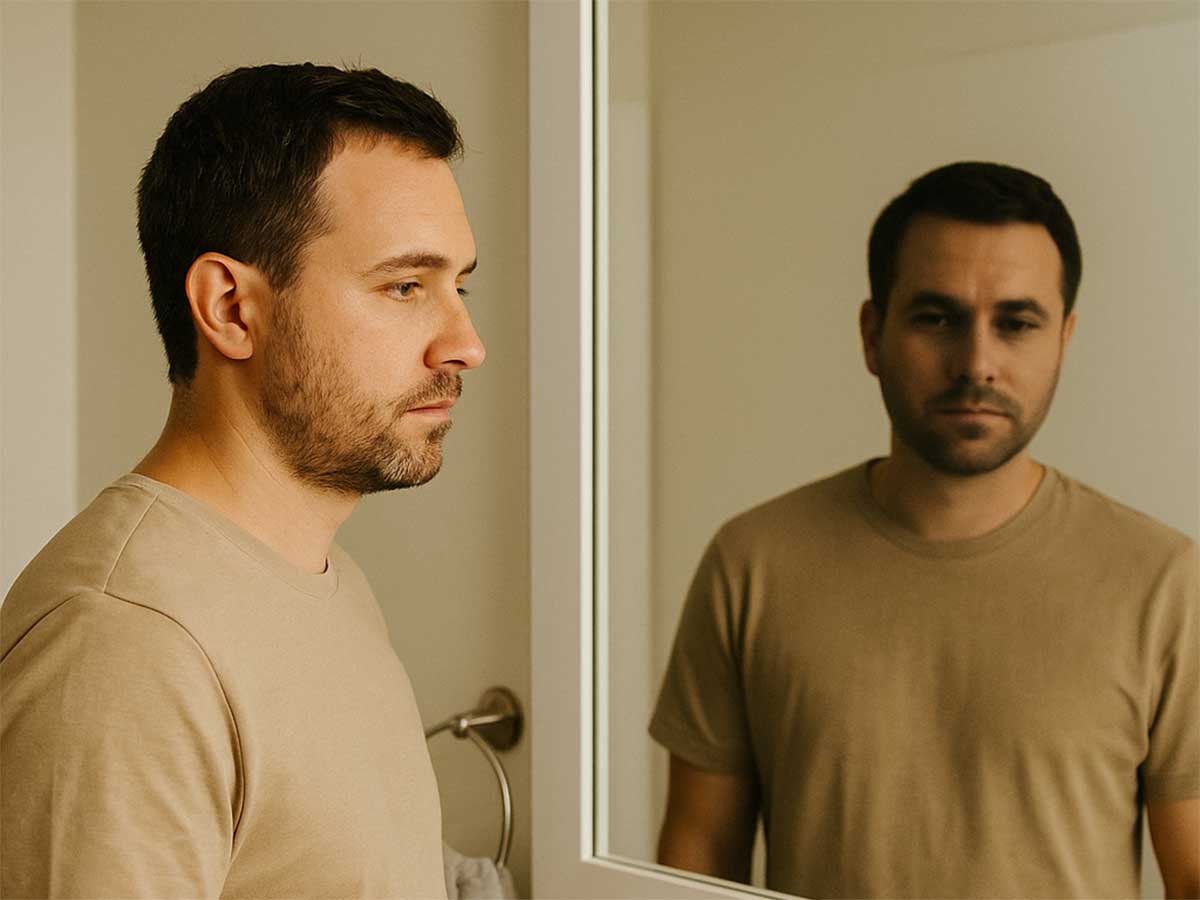 Man standing in front of a bathroom mirror with a thoughtful expression, his reflection subtly blurred to symbolize the hidden connection between mental health and substance abuse.